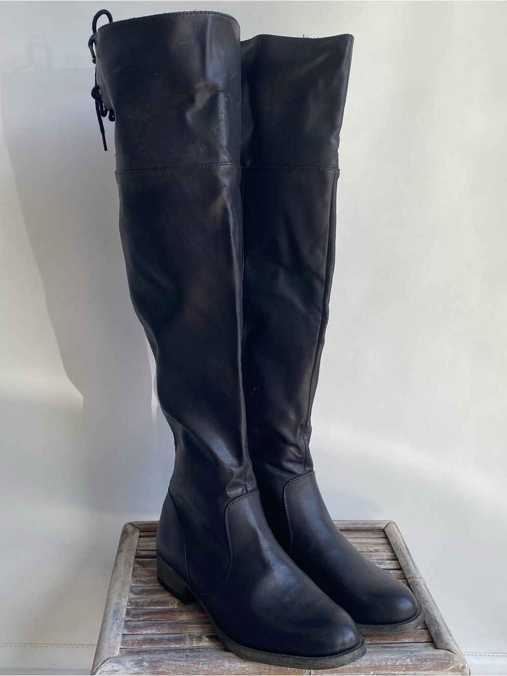 Black faux leather thigh high lace up pirate boots rock punk biker costume 10